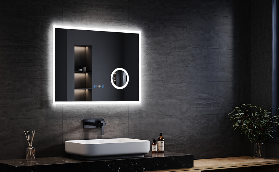 Espejo de baño de 80 cm, espejo redondo antiniebla con iluminación